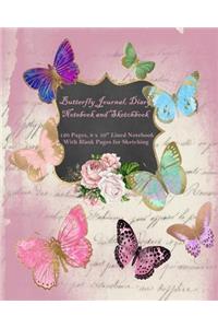 Butterfly Journal, Diary Notebook and Sketchbook 120 Pages, 8 x 10 Lined Notebook with Blank Pages for Sketching