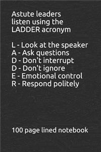 Learn to listen using the LADDER acronym L - Look at the speaker A - Ask the speaker questions D - Don't interrupt the speaker D - Don't change the subject on the speaker E - Emotions....control your emotions with the speaker R - Respond to the spe