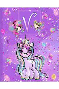 V: Unicorn Composition Notebook Wide Ruled Monogrammed Initial V