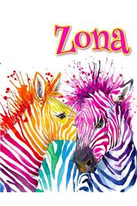 Zona: Rainbow Zebras, Personalized Journal, Diary, Notebook, 105 Lined Pages, Christmas, Birthday, Friendship Gifts for Girls, Teens and Women, Book Size 8 1/2 X 11