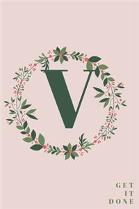 Monogram Initial Letter V Notebook with Rose Pink Floral Journal for Women, Girls Birthday Gift and School