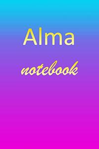 Alma: Blank Notebook - Wide Ruled Lined Paper Notepad - Writing Pad Practice Journal - Custom Personalized First Name Initial A Blue Purple Gold - Taking 