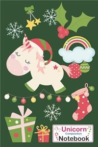 Unicorn Composition Notebook: Green Christmas Themed Unicorn Xmas Notebook Journal Diary