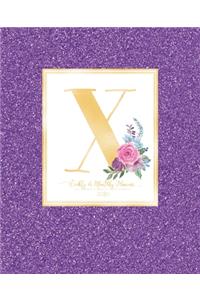 Weekly & Monthly Planner 2020 X: Purple Faux Glitter Gold Monogram Letter X with Pink Flowers (7.5 x 9.25 in) Horizontal at a glance Personalized Planner for Women Moms Girls and Sc