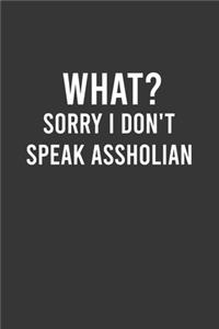 What? Sorry I don't speak Assholian - Funny Notebook, Personal Journal With Funny Saying on Cover, Humorous Gag Gift Idea for Coworkers/Friends/Family