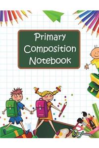 Primary Composition Book: Story Paper Journal with Writing Prompts for K-2 (Space on Top for Drawing & Dotted Midlines Below, 8.5x11 Inches, 58 Pages, Back-To-School Supplies)