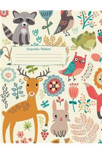 Forest Animal Friends Composition Notebook: Wide Ruled (7.44 X 9.69) Raccoon Deer Bunny Rabbit Frog Owl Nature Pattern Writing Book