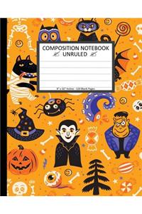 Unruled Composition Notebook: Unruled Composition Notebook 8" x 10". 120 Pages. Beautiful Cute Halloween Seamless Pattern With Cartoon Characters Background.