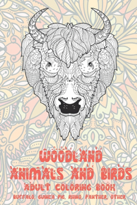 Woodland Animals and Birds - Adult Coloring Book - Buffalo, Guinea pig, Rhino, Panther, other
