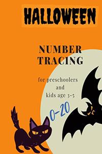 Halloween, 0-20 Number tracing for Preschoolers and kids Ages 3-5: Book for kindergarten.100 pages, size 8X10 inches . Tracing game and coloring pages . Lots of fun learning numbers in Halloween theme work book. cat