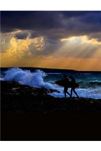 Surfers on the Beach with Waves Crashing on Evening Shore Journal