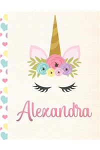 Alexandra: Personalized Unicorn Primary Story Journal For Girls With Pink Name - Half Ruled Dotted Midline and Blank Picture Space - Kindergarten to Early Chil