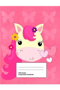 Wide Ruled Composition Notebook: Writing Book Journal, Soft Cover, Blank Lined Paper, 200 Pages, Cute Animal Designs Unicorn Hearts and Butterflies for Girls Pink