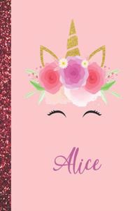 Alice: Alice Marble Size Unicorn SketchBook Personalized White Paper for Girls and Kids to Drawing and Sketching Doodle Taking Note Size 8.5 x 11