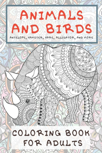 Animals and Birds - Coloring Book for adults - Antelope, Hamster, Hare, Alligator, and more