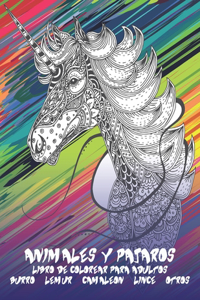 Animales y pajaros - Libro de colorear para adultos - Burro, lemur, camaleón, lince, otros