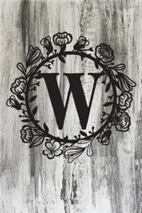 W: Letter W Monogram Black & Grey Rustic Floral Notebook & Journal