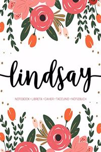 Lindsay: Notebook - Libreta - Cahier - Taccuino - Notizbuch: 110 pages paginas seiten pagine: Modern Florals First Name Notebook in Coral, Pink & Orange on W