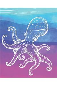 White Octopus & Water Color Waves Cute Girls Composition Blank Line School Notebook