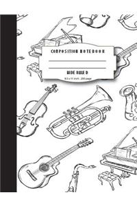 Composition notebook wide ruled 8.5 x 11 inch 200 page, Black white music art