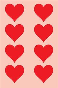 100 Page Unlined Notebook - Red Hearts on Pink