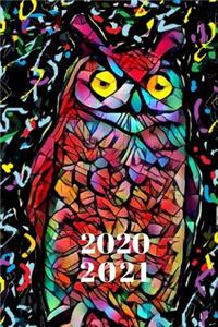 Black Colorful Rainbow Prism Blue Teal Red & Yellow Owl Bird Lovers Cute 25 Month Weekly Planer Dated Calendar for Ladies