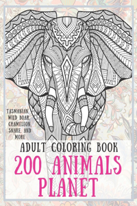 200 Animals Planet - Adult Coloring Book - Tasmanian, Wild boar, Chameleon, Snake, and more