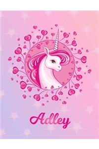 Adley: Adley Magical Unicorn Horse Large Blank Pre-K Primary Draw & Write Storybook Paper - Personalized Letter A Initial Custom First Name Cover - Story B