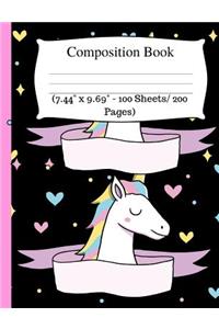 Composition Book: Cute Unicorn Notebook, Wide Ruled Composition Book for Kids, Cute Notebooks for School, Wide Ruled Lined Paper. (7.44 X 9.69 - 100 Sheets/ 200 Pages), Black Notebook.