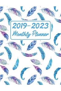 2019 - 2023 Monthly Planner: Blue Feathers 5 Year Calendar and Notebook 8.5x11 144 Pages