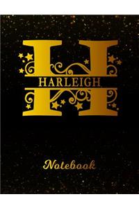 Harleigh Notebook: Letter H Personalized First Name Personal Writing Notepad Journal Black Gold Glittery Pattern Effect Cover Wide Ruled Lined Paper for Journalists & 