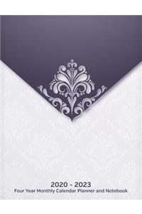 2020 - 2023 Four Year Monthly Calendar Planner and Notebook: Elegant Purple Damask Pattern