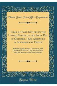 Table of Post Offices in the United States on the First Day of October, 1846, Arranged in Alphabetical Order: Exhibiting the States, Territories, and Counties in Which They Are Situated, and the Names of the Post Masters (Classic Reprint)