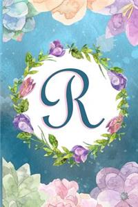 R: Watercolor Monogram Handwritten Initial R with Vintage Retro Floral Wreath Elements - College Ruled Lined Writing Journal, Notebook, Composition Boo