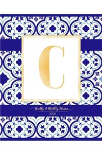 Weekly & Monthly Planner 2020 C: Morocco Blue Moroccan Tiles Pattern Gold Monogram Letter C (7.5 x 9.25 in) Vertical at a glance Personalized Planner for Women Moms Girls and School