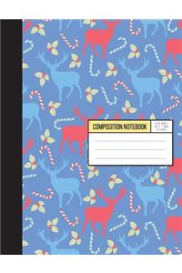 Wide Ruled Composition Notebook - Christmas Party with Blue and Red Reindeer: Back To School Notebook,8.15 x 11 Inch,110 page