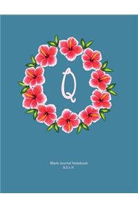 Blank Journal Notebook: Q: Monogram with Hibiscus Wreath. Original Artwork, Soft blue covered Journal, 110 Blank pages 8.5x11