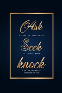 Ask Seek Knock Wirebound Notebook blue and gold cover