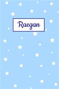 Raegan: Personalized Name Journal. Wide Ruled (Lined) Writing Diary, Composition Book. Baby Blue Star Cover for Girls, Kids and Teens