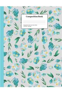 Composition Book College-Ruled Blue Floral Pastel Pattern