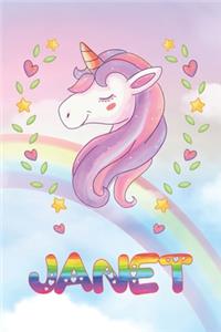 Janet: Janet Unicorn Notebook Rainbow Journal 6x9 Personalized Customized Gift For Someones Surname Or First Name is Janet