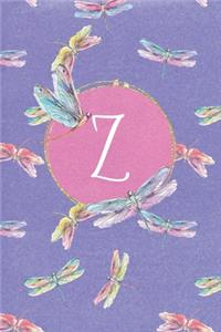 Z: Dragonfly Journal, personalized monogram initial Z blank lined notebook - Decorated interior pages with dragonflies