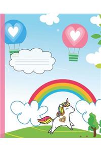 Pink Balloon Heart Cute Rainbow Heart Unicorn Cover Girl Composition Wide-ruled blank line School Notebooks