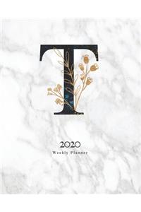 2020 Weekly Planner: Black & Blue Abstract Monogram Planner With Letter "T" on Luxury Gray Marble