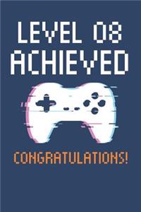 Level 8 Achieved Notebook, Gamers 8th Birthday Blank Lined Journal