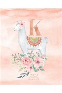 2020 Planner K: Llama Rose Gold Monogram Letter K with Pink Flowers (7.5 x 9.25 in) Horizontal at a glance Personalized Planner for Women Moms Girls and School