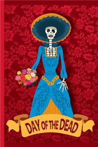 Day of the Dead Skeleton in Dress, Holding Flowers