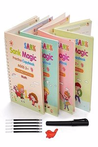 Pramesh Sank Magic Practice Copybook, (4 Book + 1 Pen + 5 Refill) Number Tracing Book for Preschoolers with Pen, Magic Calligraphy Copybook Set Practical Reusable Writing Tool Simple Hand Lettering