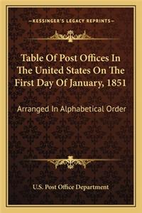 Table of Post Offices in the United States on the First Day of January, 1851