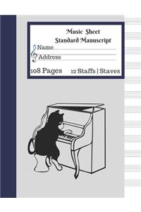 Music Sheet Standard Manuscript -108 Pages 12 Staffs - Staves: Cute Cat Playing Piano